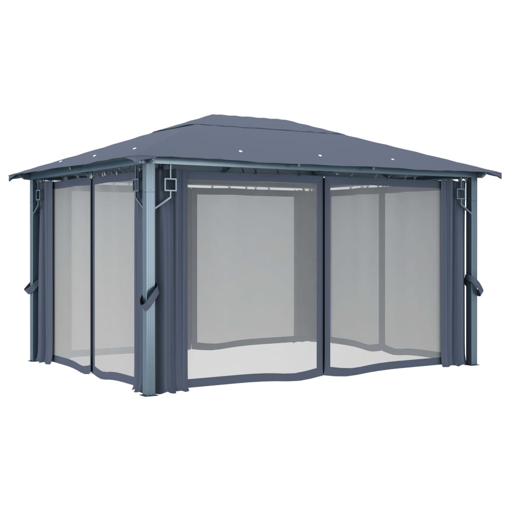 pavillon med gardin + LED-lyskæder 400x300 cm aluminium grå