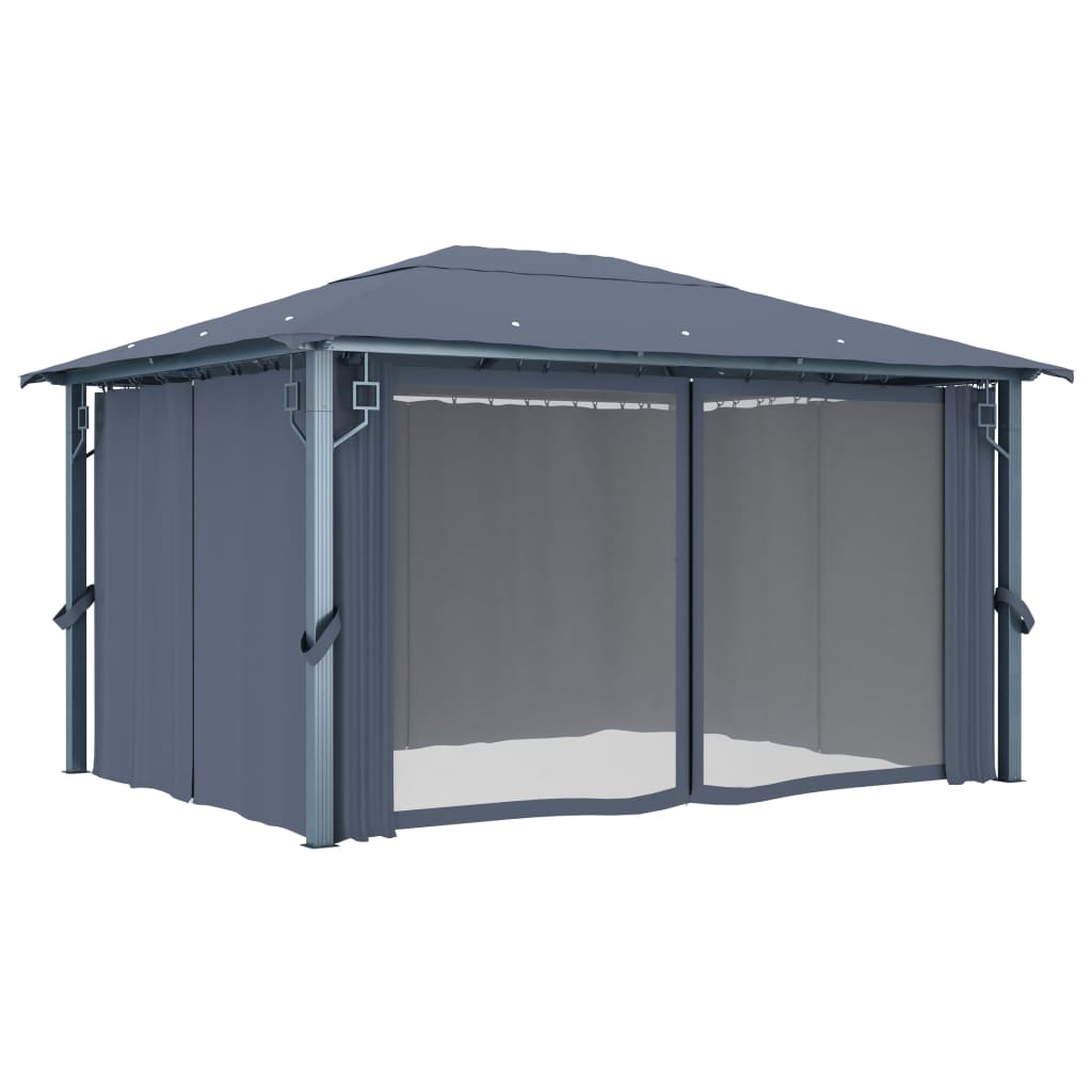pavillon med gardin + LED-lyskæder 400x300 cm aluminium grå