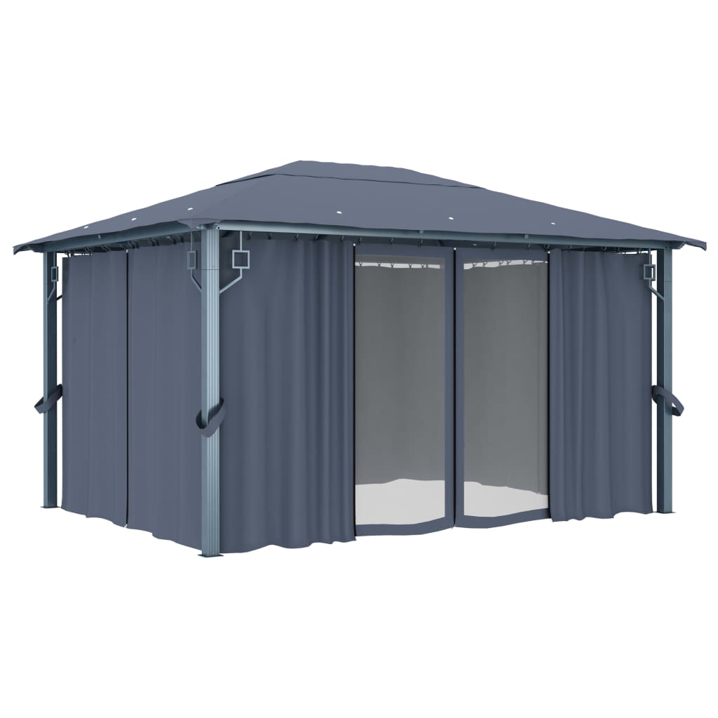 pavillon med gardin + LED-lyskæder 400x300 cm aluminium grå