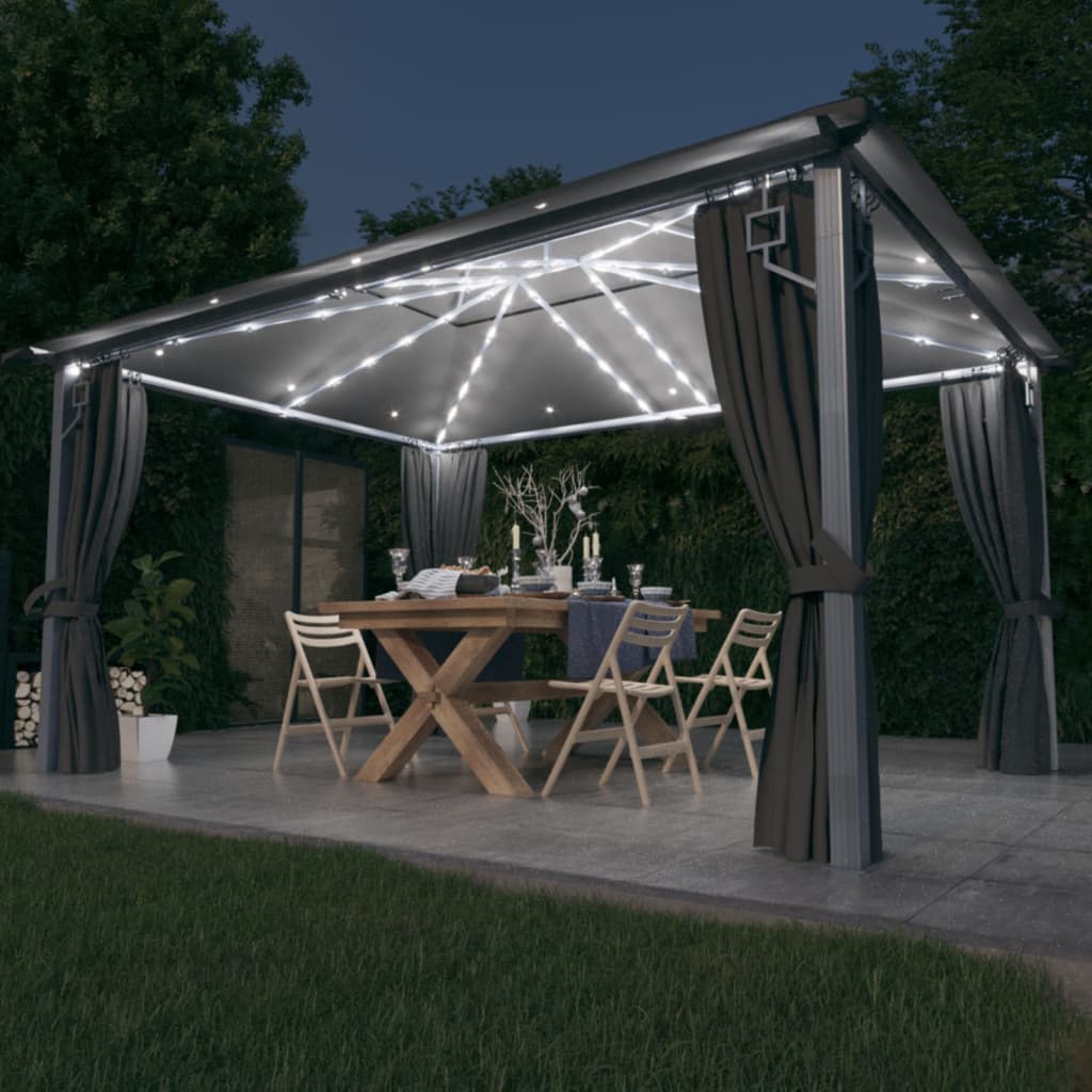 pavillon med gardin + LED-lyskæder 400x300 cm aluminium grå