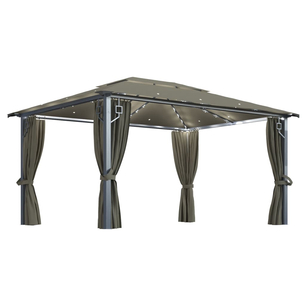 pavillon med gardin + LED-lyskæde 400x300 cm aluminium gråbrun