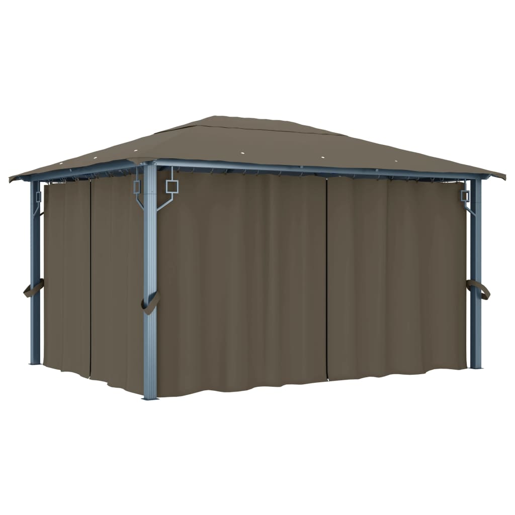 pavillon med gardin + LED-lyskæde 400x300 cm aluminium gråbrun