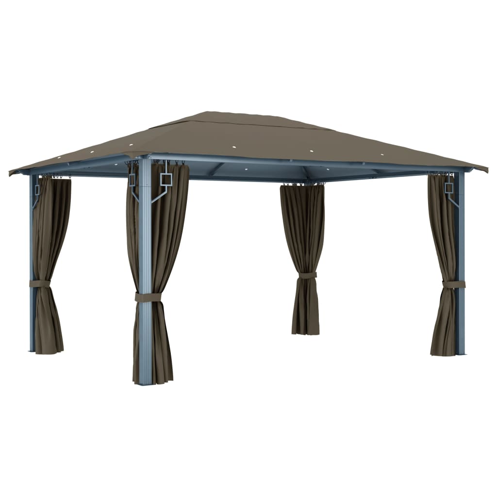 pavillon med gardin + LED-lyskæde 400x300 cm aluminium gråbrun