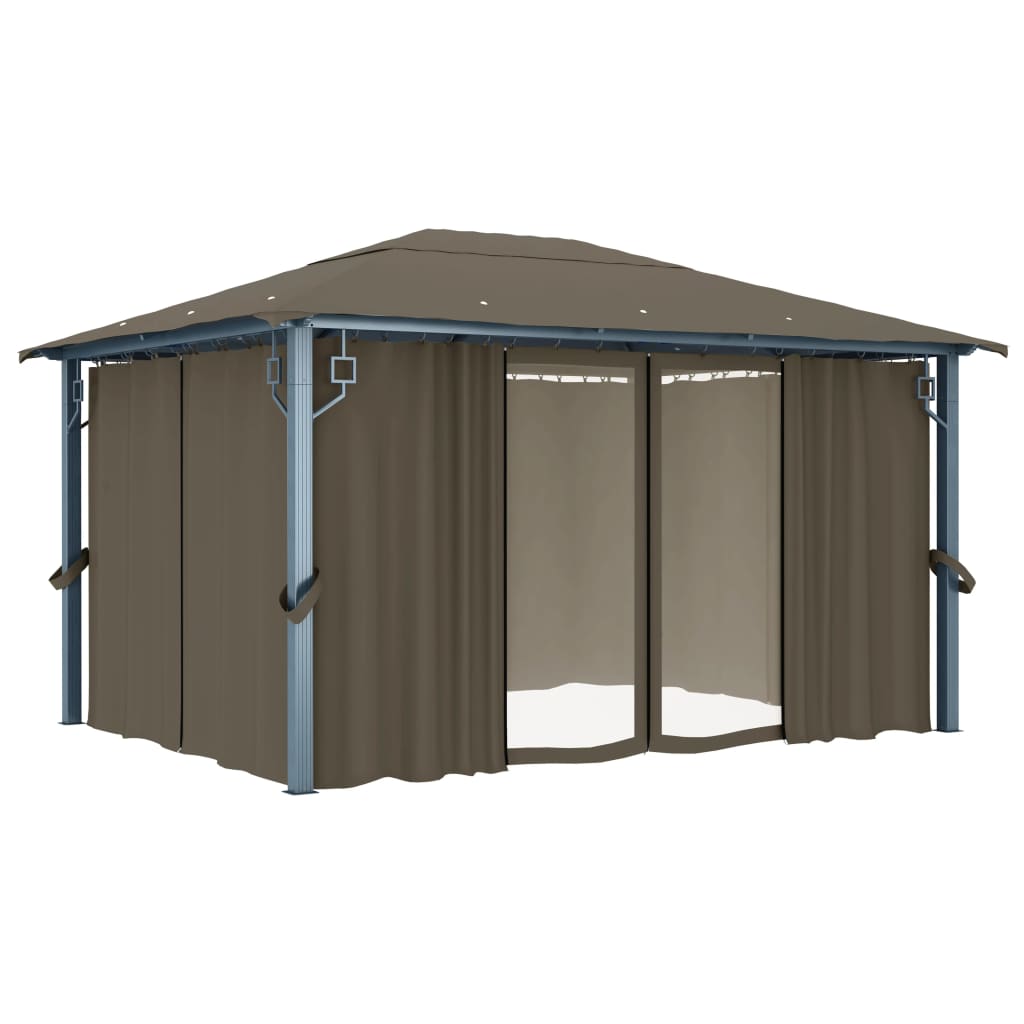 pavillon med gardin + LED-lyskæde 400x300 cm aluminium gråbrun