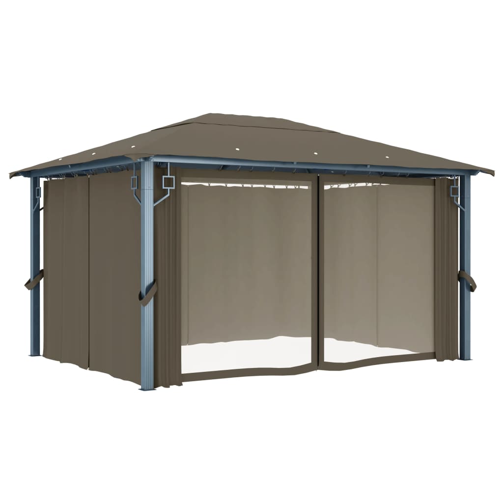 pavillon med gardin + LED-lyskæde 400x300 cm aluminium gråbrun