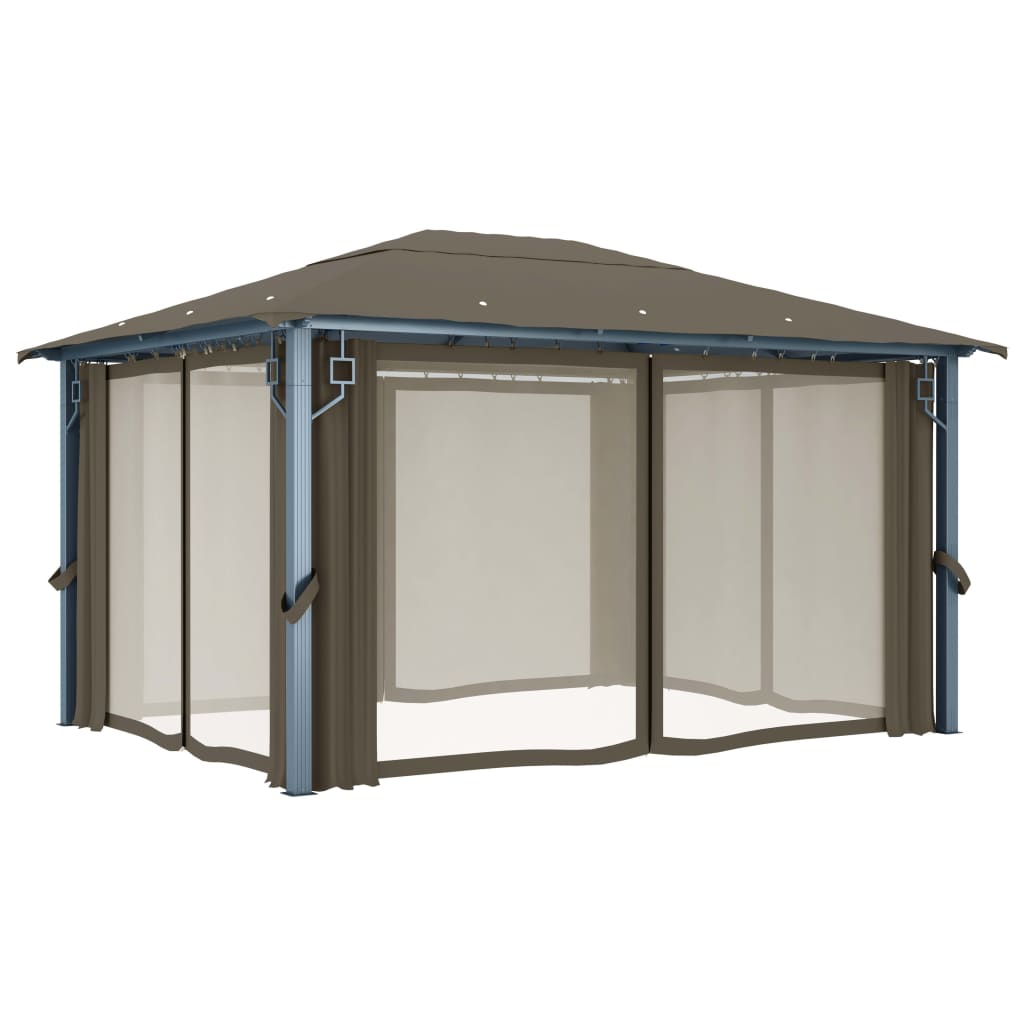 pavillon med gardin + LED-lyskæde 400x300 cm aluminium gråbrun