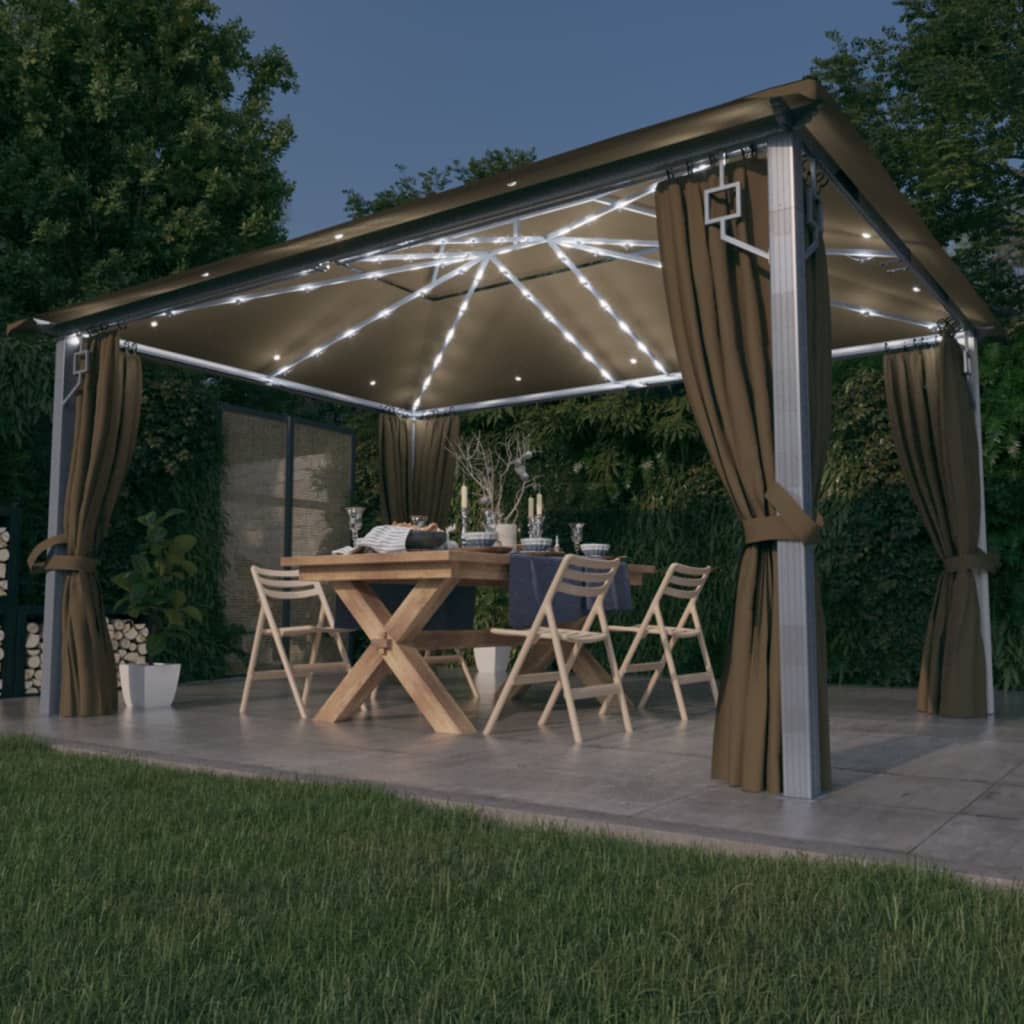 pavillon med gardin + LED-lyskæde 400x300 cm aluminium gråbrun