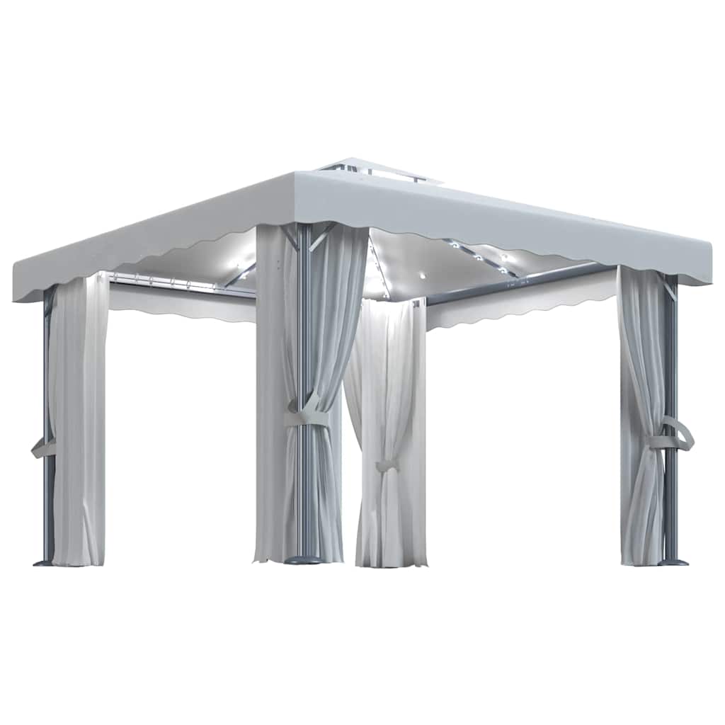 pavillon med gardin og LED-lyskæder 3x3 m cremefarvet