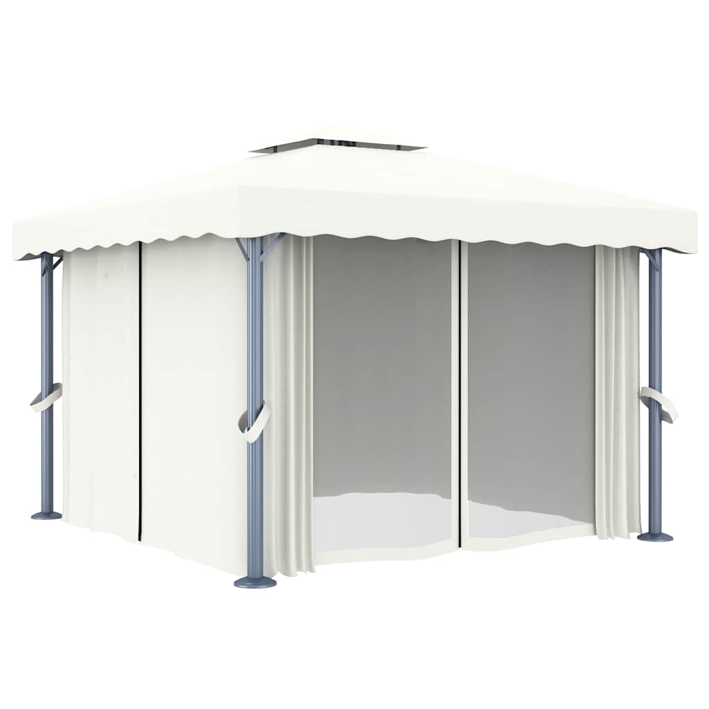 pavillon med gardin og LED-lyskæder 3x3 m cremefarvet
