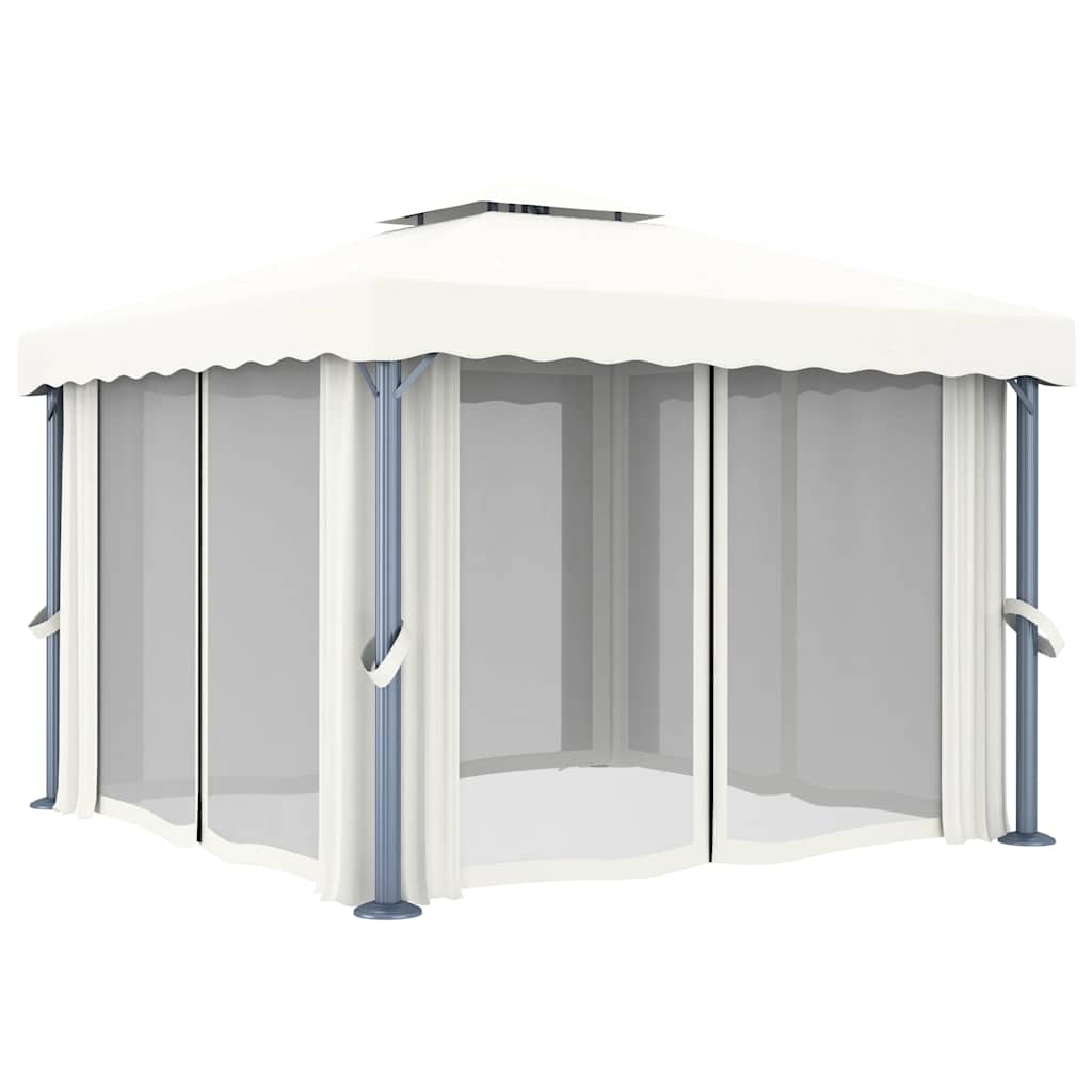 pavillon med gardin og LED-lyskæder 3x3 m cremefarvet