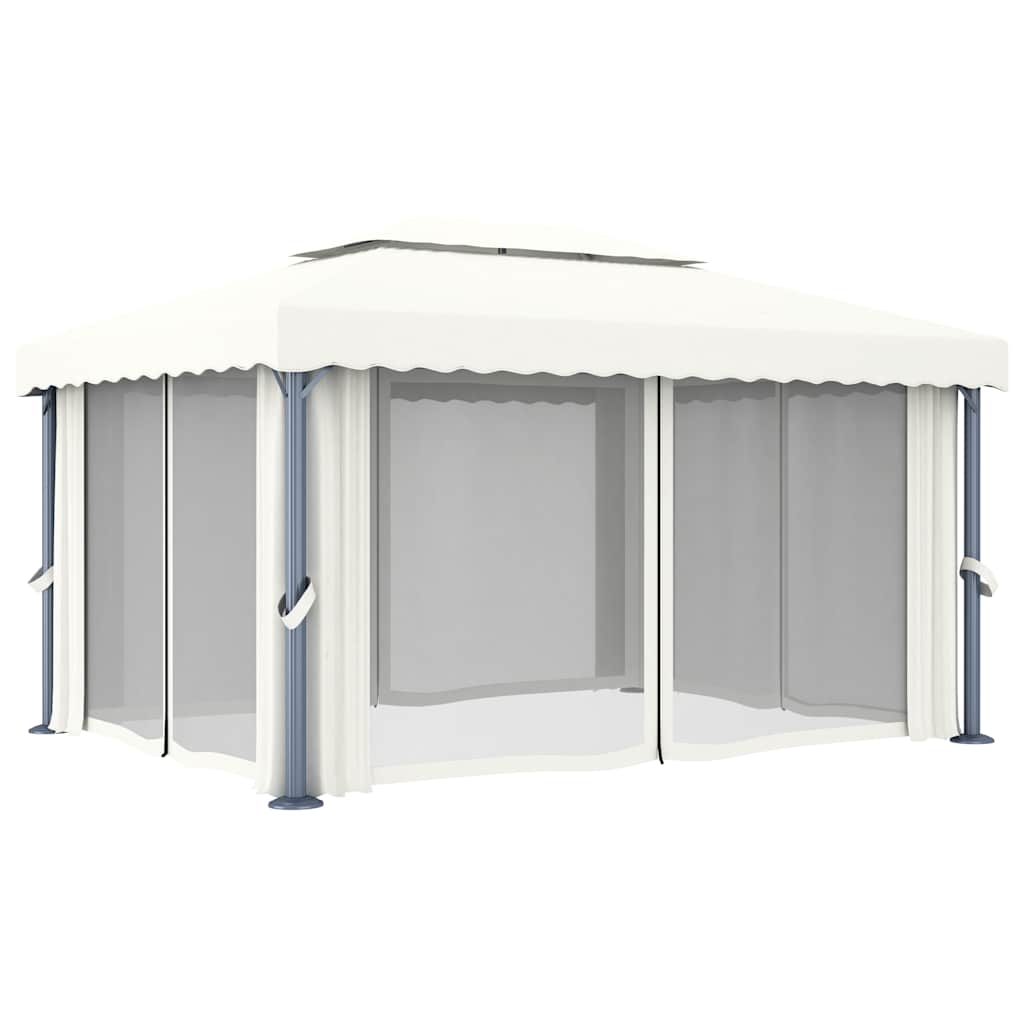 pavillon med gardin og LED-lyskæder 4x3 m cremefarvet