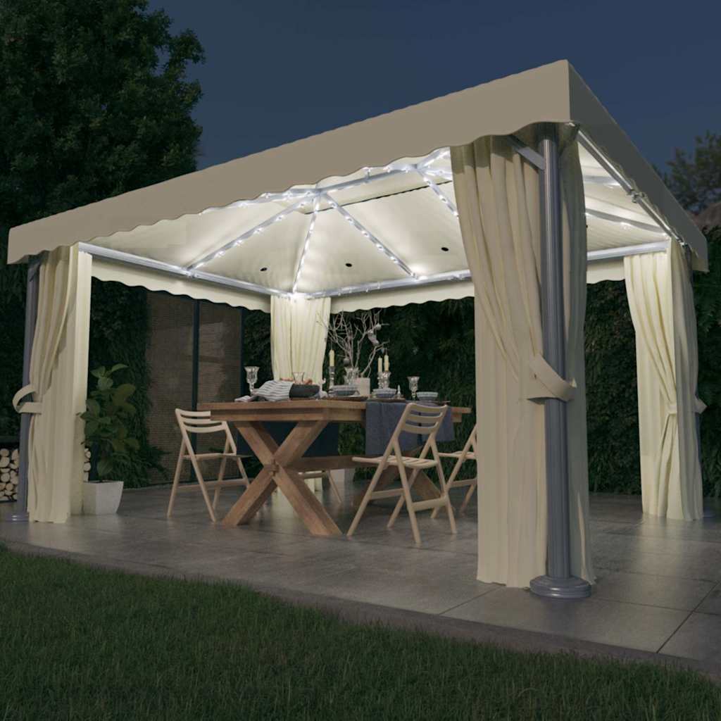 pavillon med gardin og LED-lyskæder 4x3 m cremefarvet