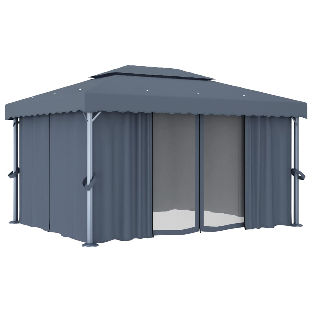 pavillon med gardin og LED-lyskæder 4x3 m antracitgrå