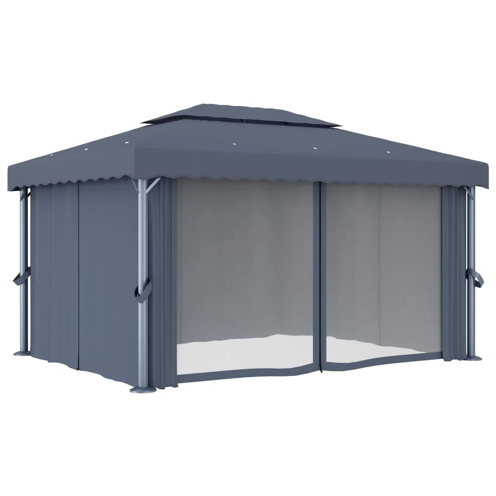 pavillon med gardin og LED-lyskæder 4x3 m antracitgrå