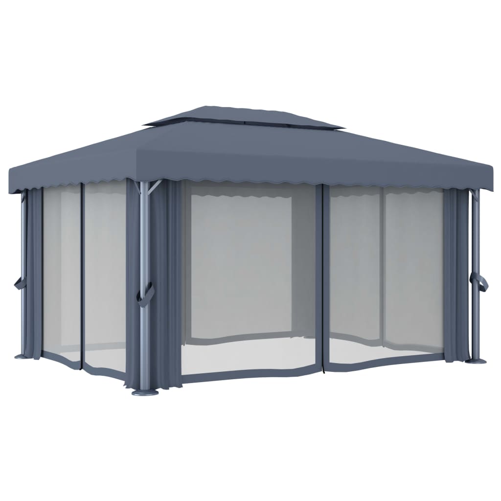 pavillon med gardin og LED-lyskæder 4x3 m antracitgrå