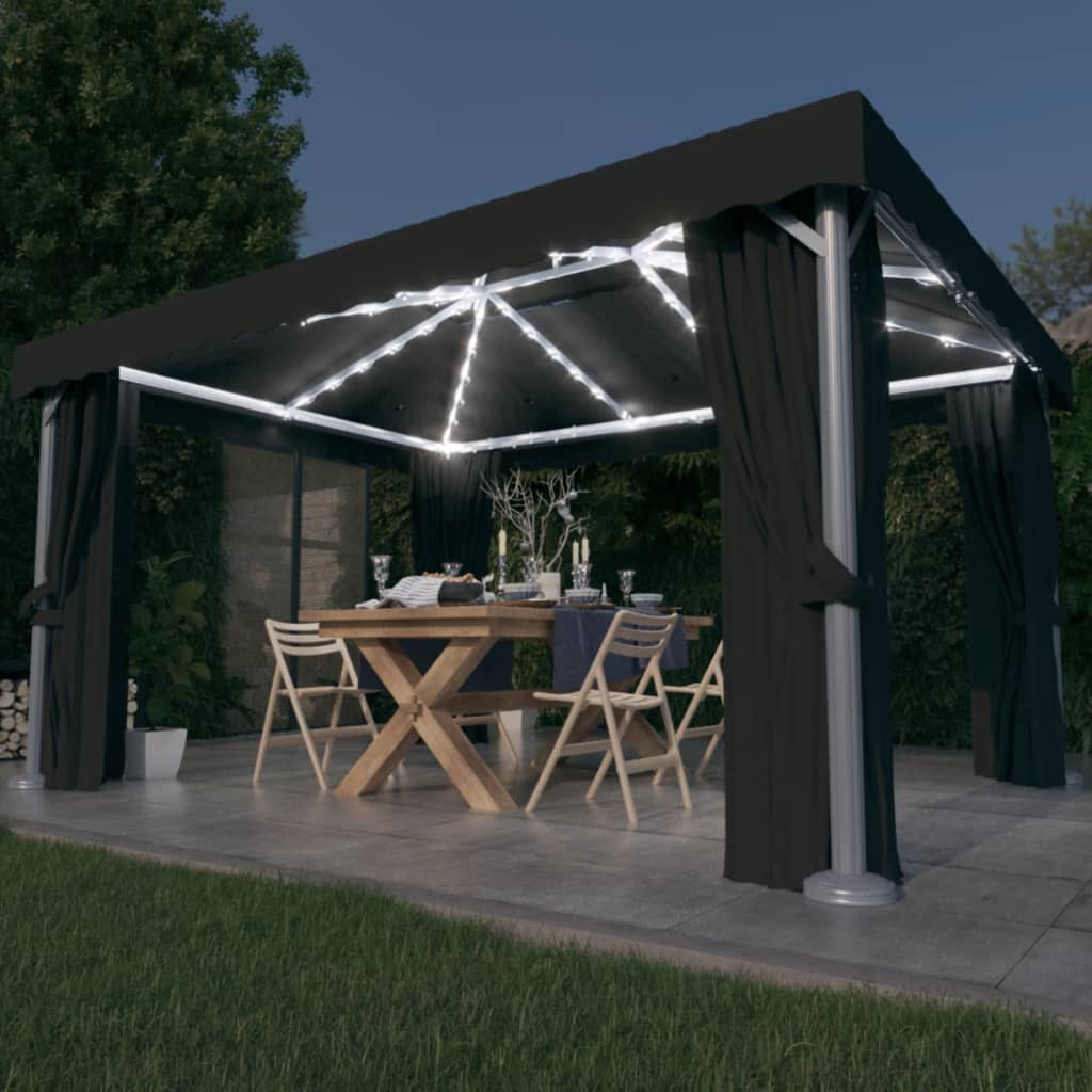 pavillon med gardin og LED-lyskæder 4x3 m antracitgrå