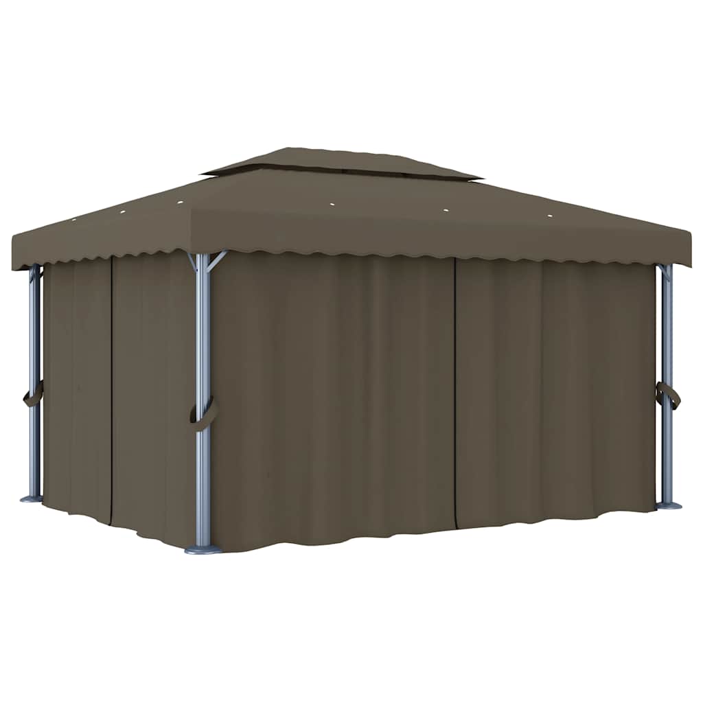 pavillon med gardin og LED-lyskæder 4x3 m gråbrun