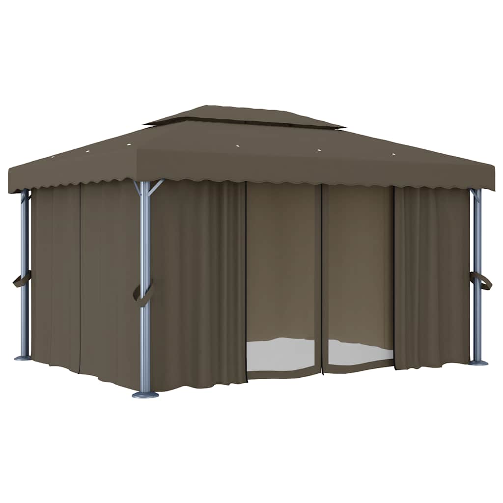 pavillon med gardin og LED-lyskæder 4x3 m gråbrun