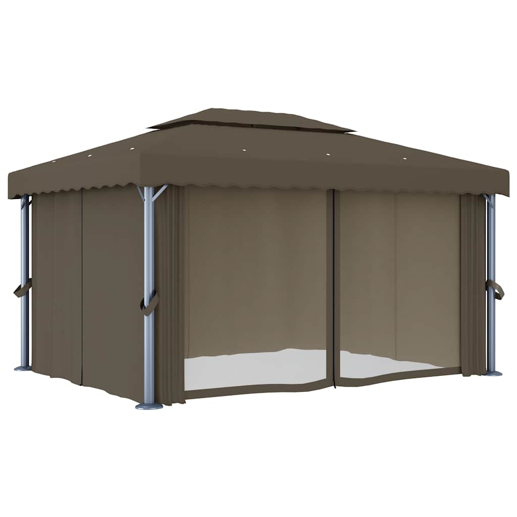 pavillon med gardin og LED-lyskæder 4x3 m gråbrun