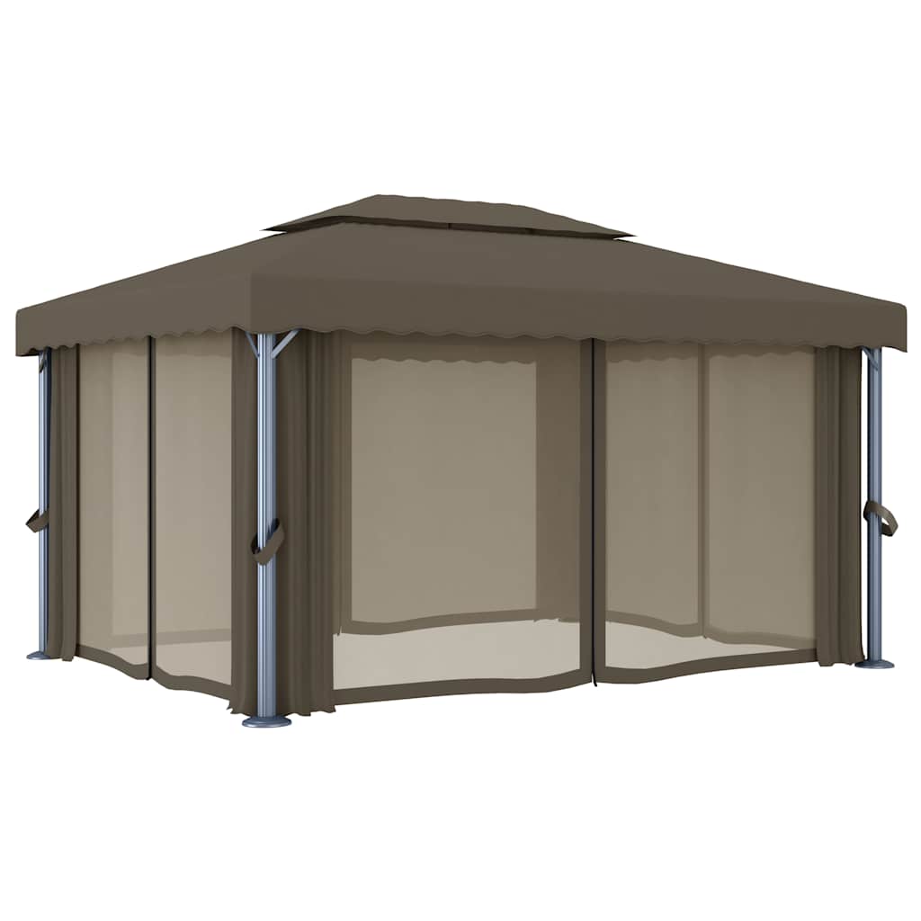 pavillon med gardin og LED-lyskæder 4x3 m gråbrun