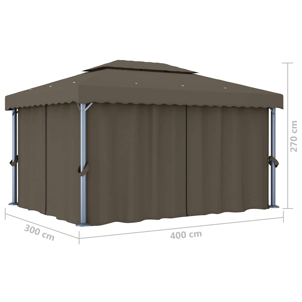 pavillon med gardin og LED-lyskæder 4x3 m gråbrun