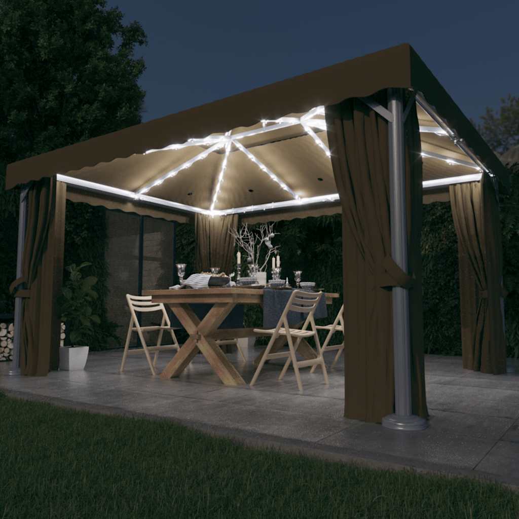 pavillon med gardin og LED-lyskæder 4x3 m gråbrun