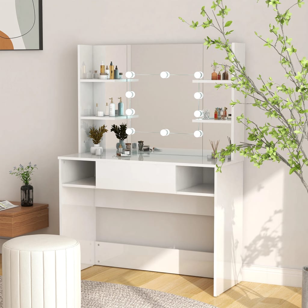 makeupbord med LED-lys 100x40x135 cm MDF blank hvid billede