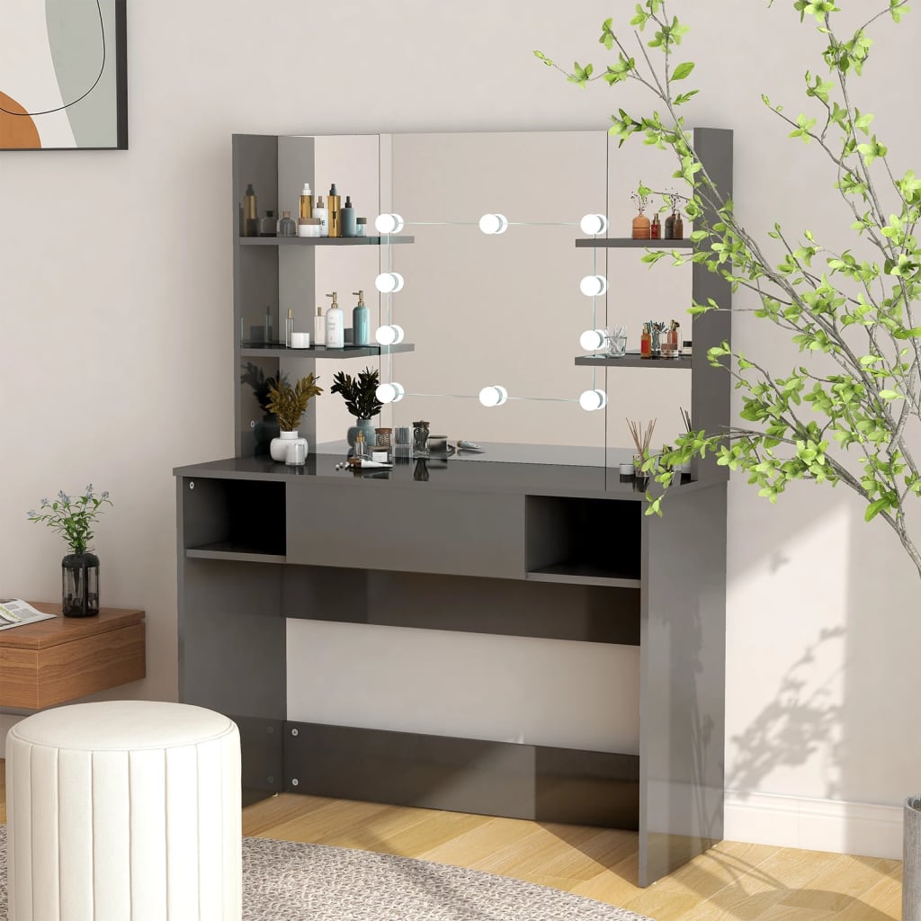 makeupbord med LED-lys 100x40x135 cm MDF blank grå billede