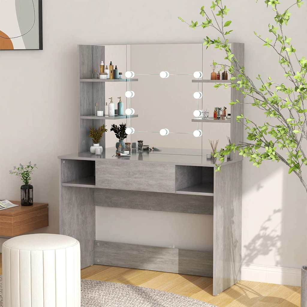 makeupbord med LED-lys 100x40x135 cm MDF betongrå billede
