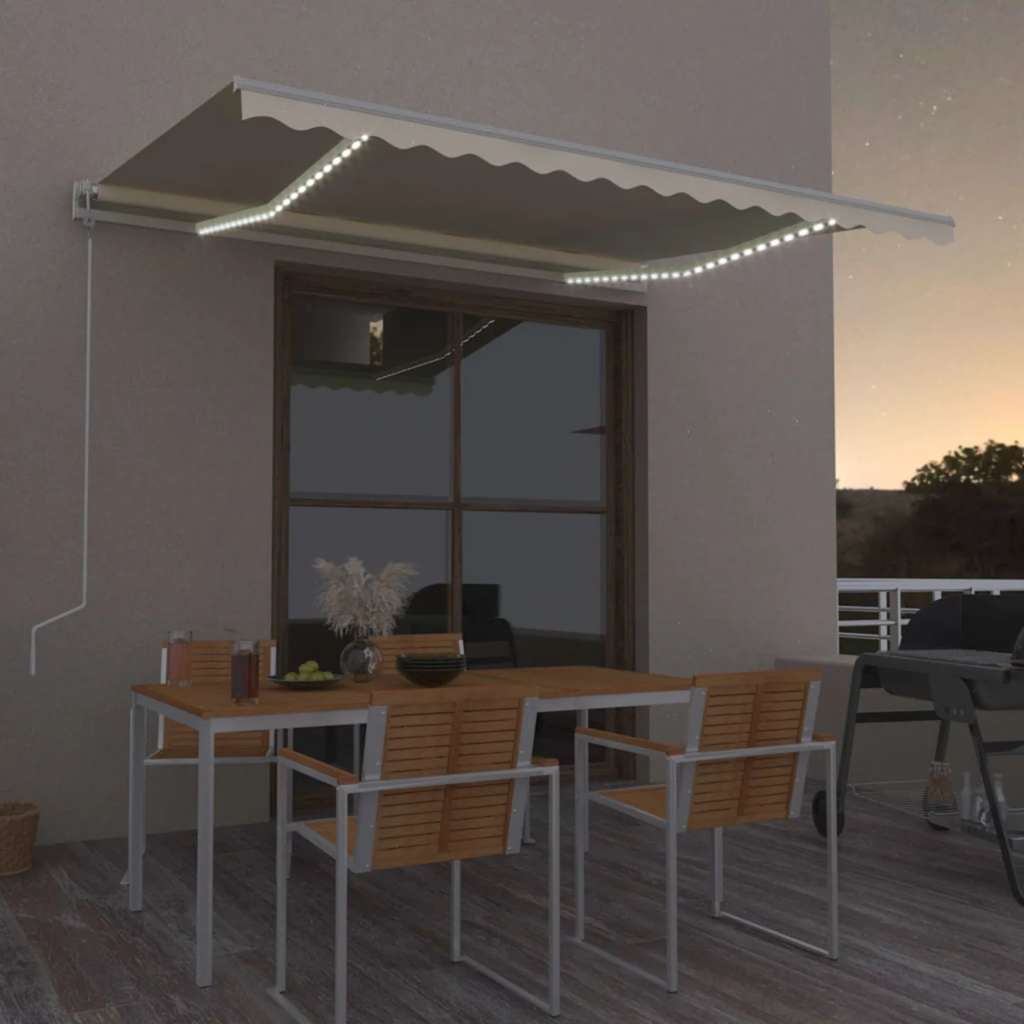 markise m. LED + vindsensor 450x300 cm automatisk cremefarvet