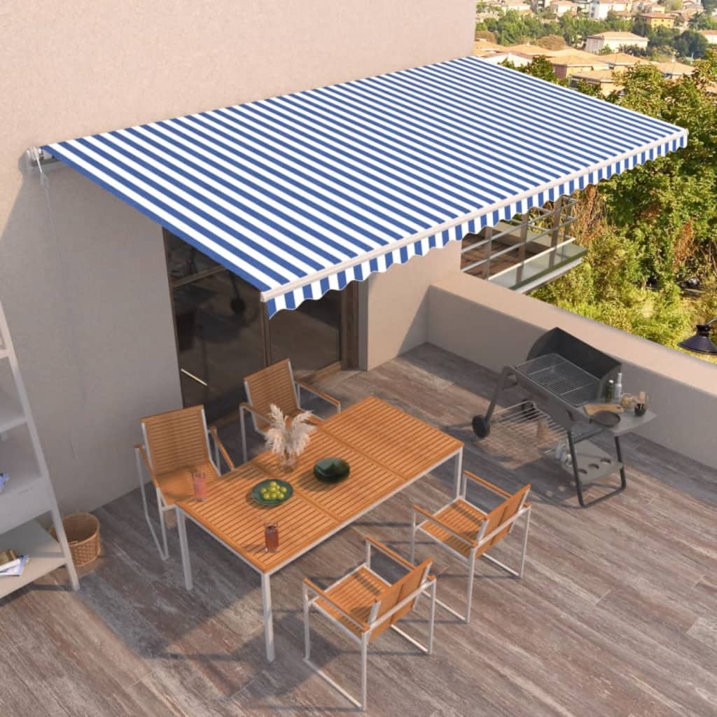 markise 600x350 cm automatisk betjening blå og hvid