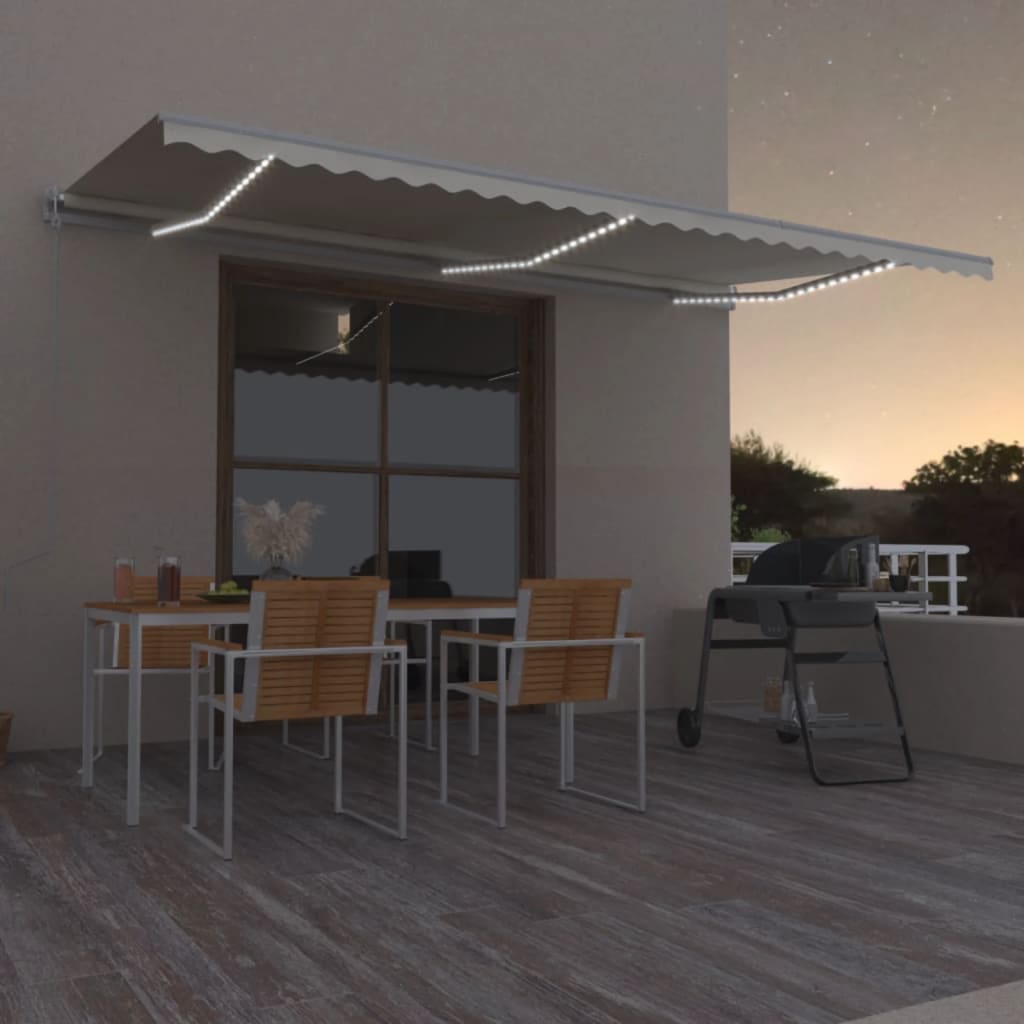markise m. LED + vindsensor 600x350 cm automatisk cremefarvet