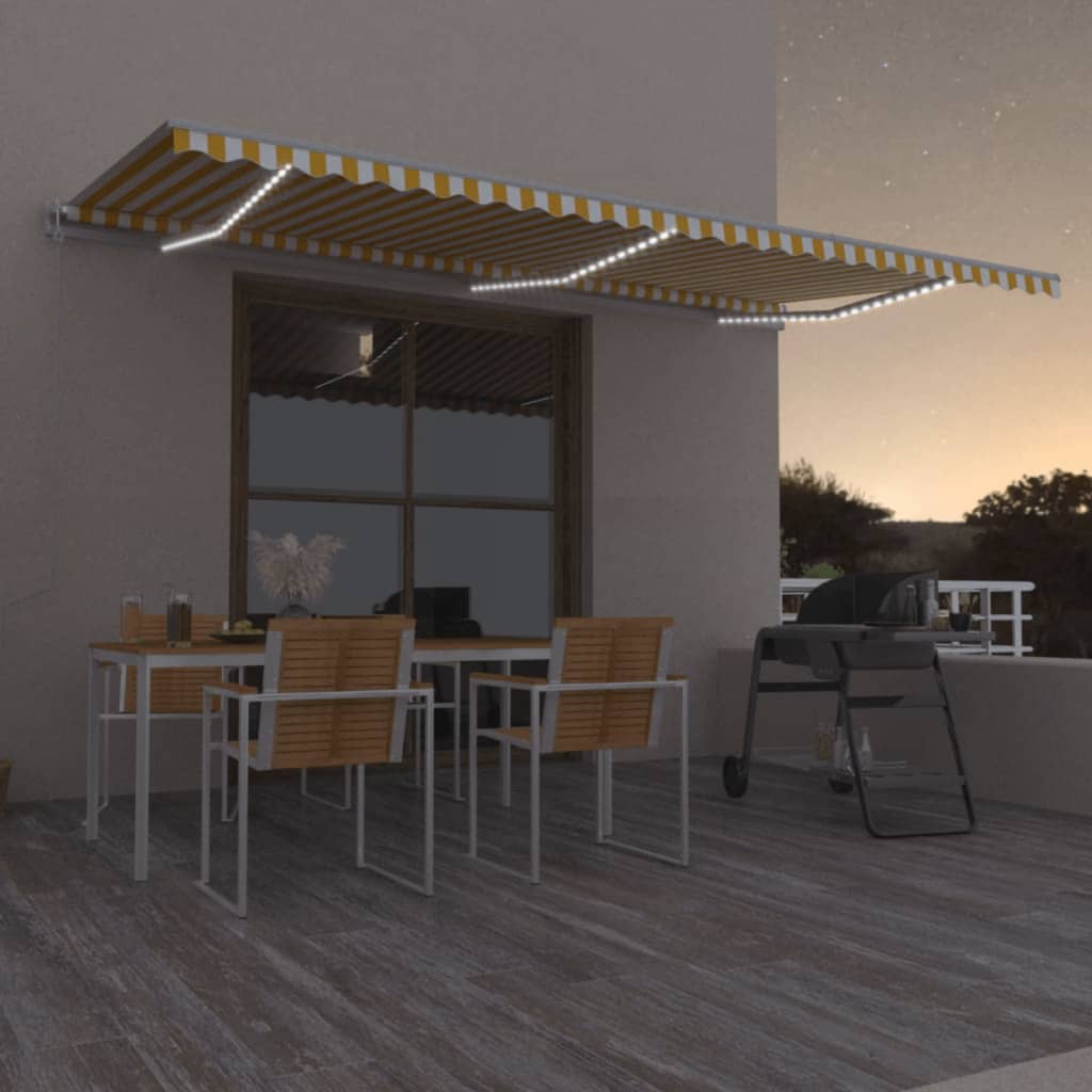 markise m. LED + vindsensor 600x350 cm automatisk gul og hvid