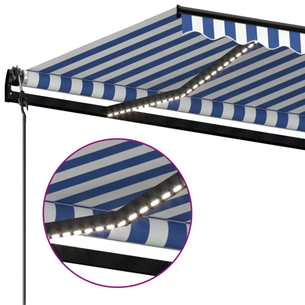 markise m. LED + vindsensor 400x350 cm automatisk blå og hvid