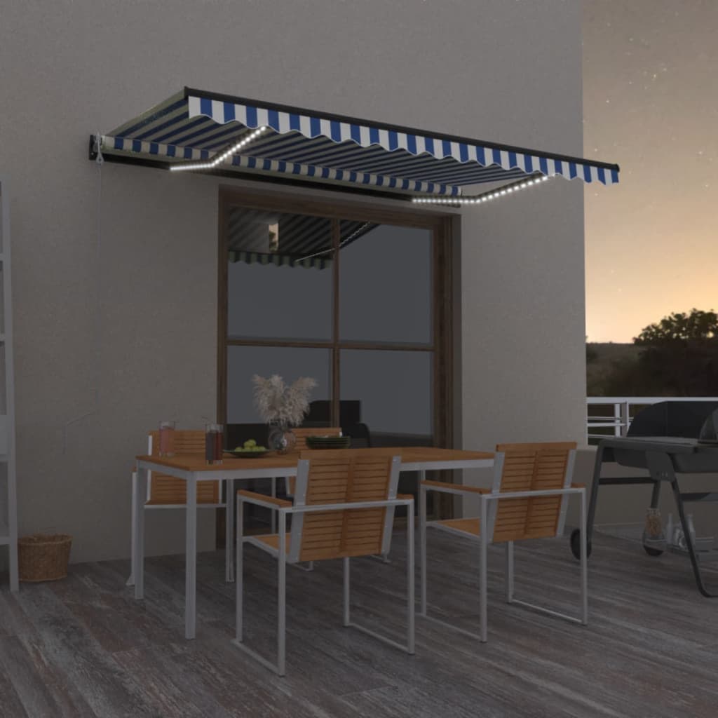 markise m. LED + vindsensor 400x350 cm automatisk blå og hvid