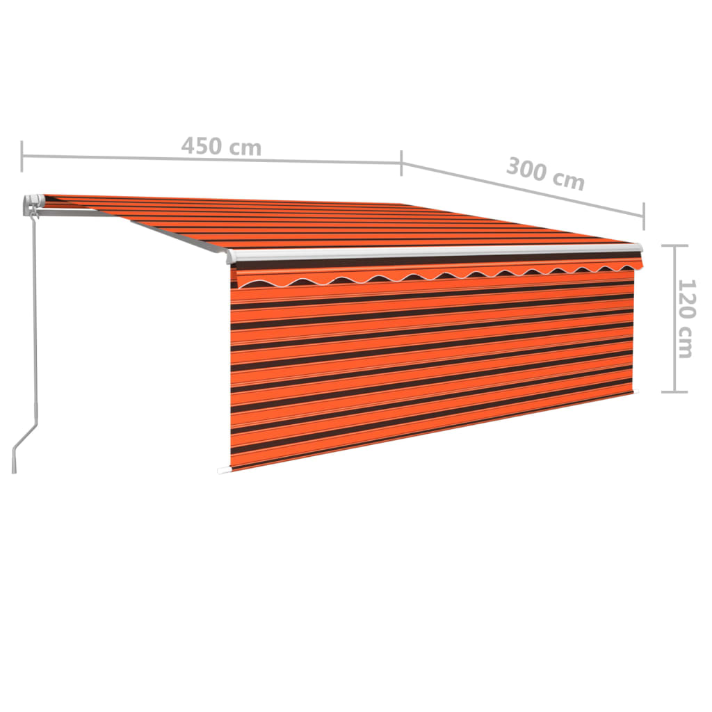 markise m. gardin + LED 4,5x3 m manuel betjening orange og brun