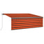 markise m. gardin + LED 4x3 m manuel betjening orange og brun