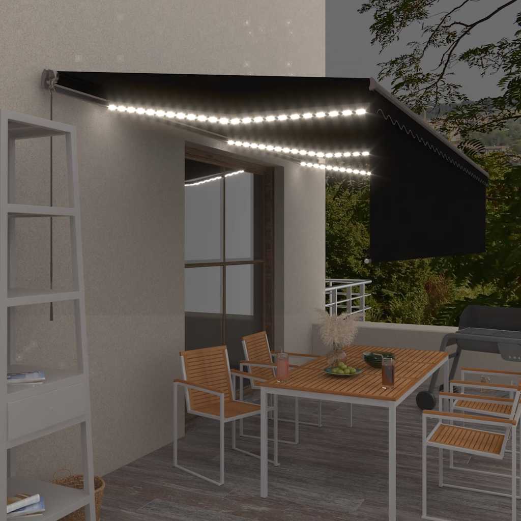 markise m. gardin + LED 6x3 m manuel betjening antracitgrå