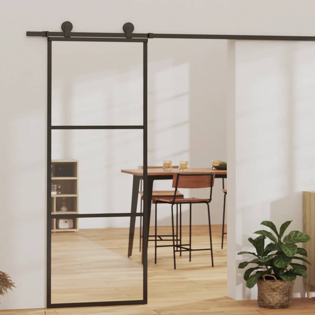 skydedør 3-panel 76x205 cm sikkerhedsglas og aluminium sort