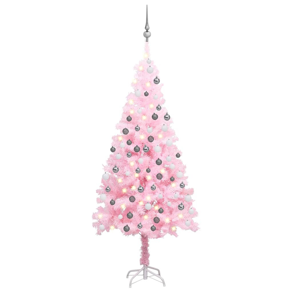 kunstigt juletræ med lys og kuglesæt 120 cm PVC lyserød