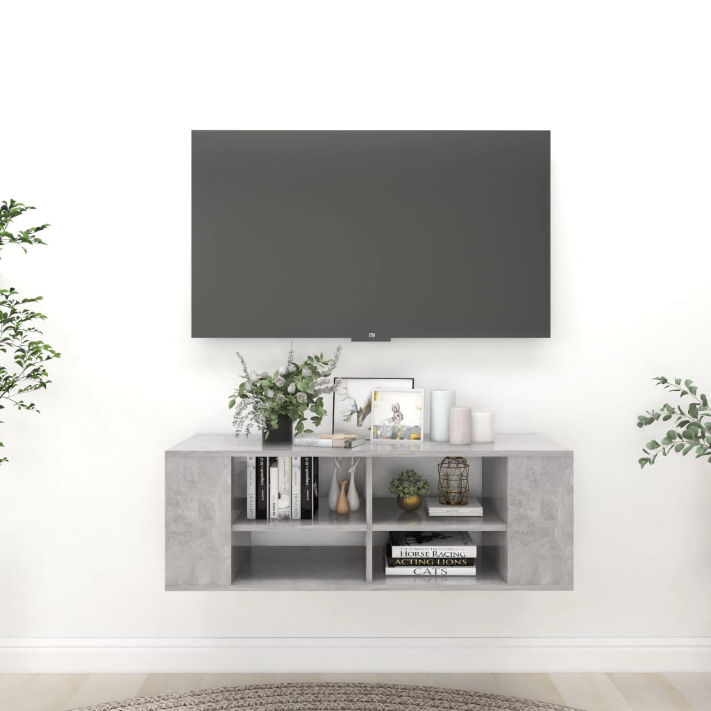 væghængt tv-bord 102x35x35 cm konstrueret træ betongrå