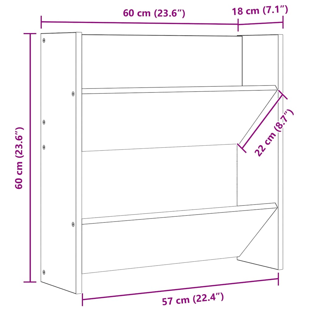 væghængt skoreol 60x18x60 cm konstrueret træ grå højglans