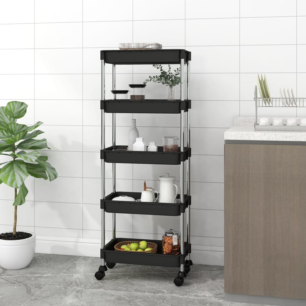 køkkenvogn med 5 hylder 42x29x128 cm jern og ABS sort billede