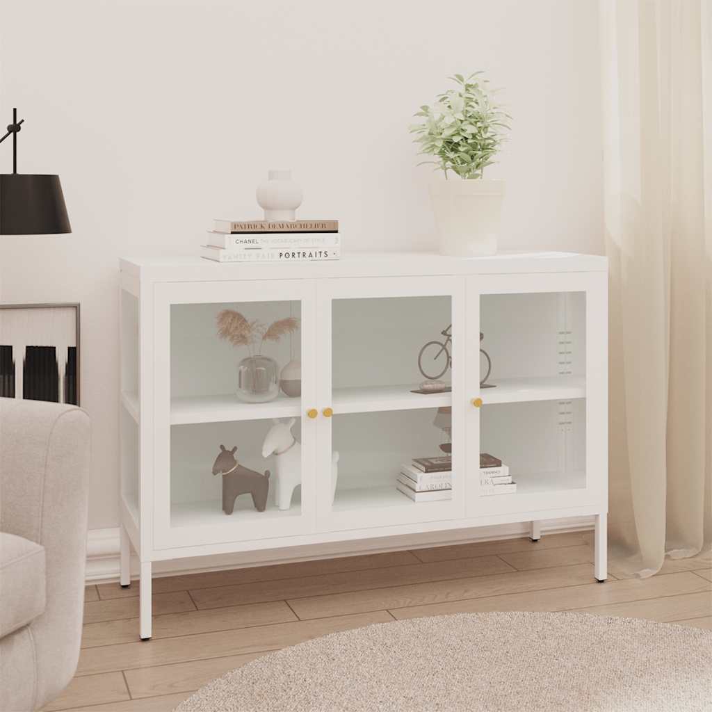 skænk 105x35x70 cm stål og glas hvid
