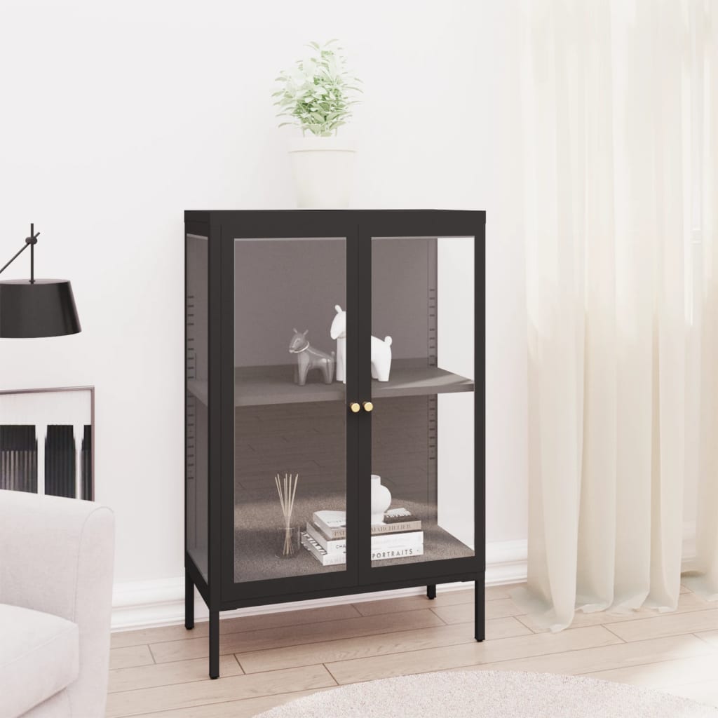 skænk 75x35x105 cm stål og glas sort
