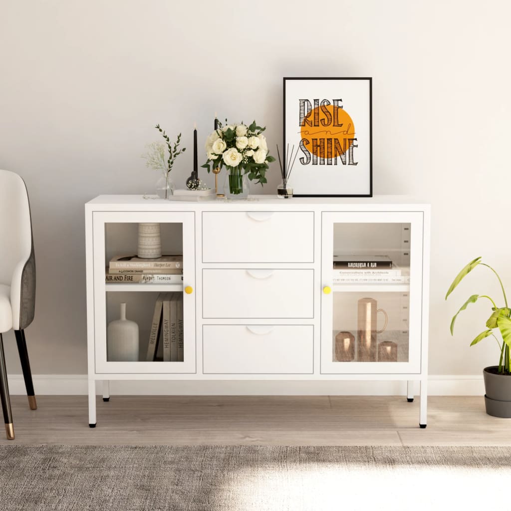 skænk 105x35x70 cm stål og glas hvid