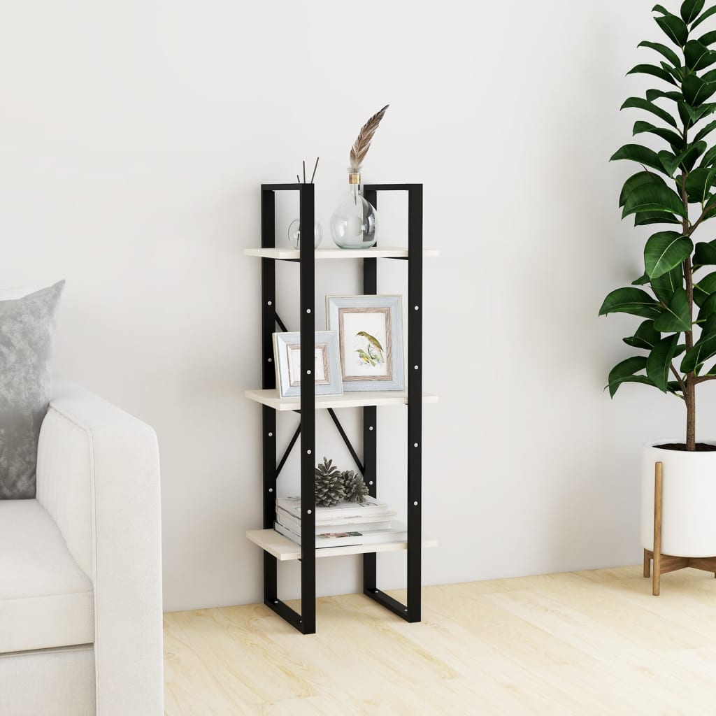 Bogreol med 3 hylder - 40×30×105 cm - massivt fyrretræ, hvid/sort metal
