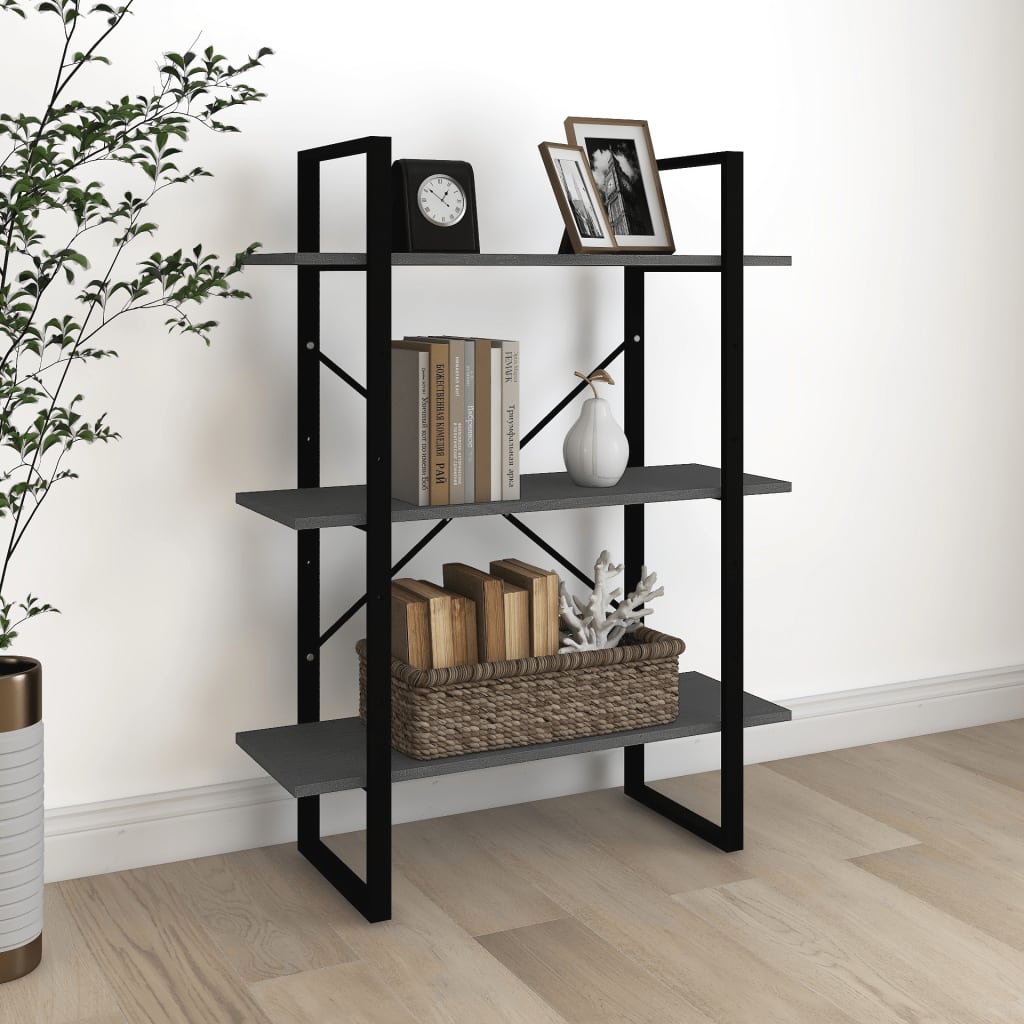 bogreol med 3 hylder 80x30x105 cm massivt fyrretræ grå