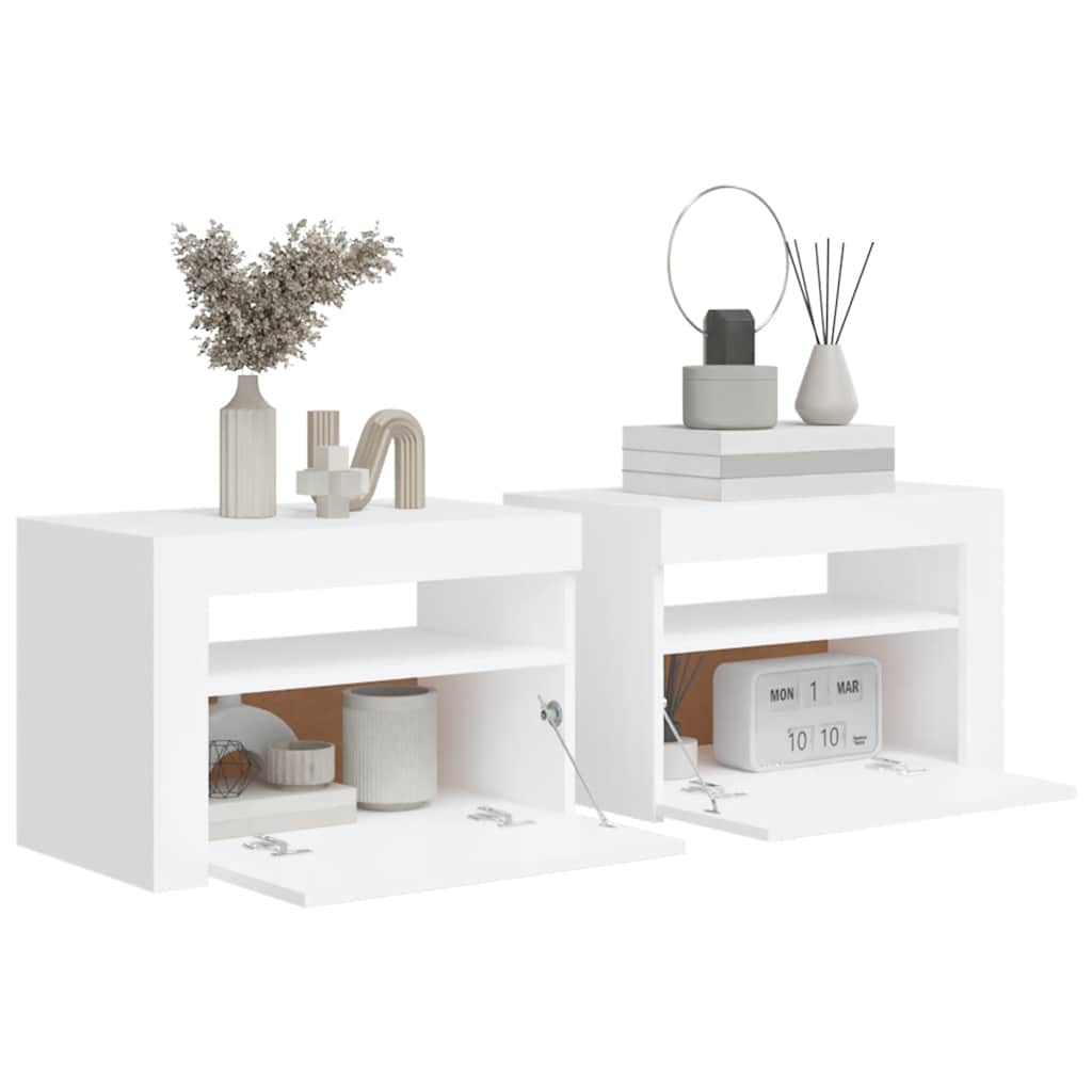 sengeborde med LED-lys 2 stk. 60x35x40 cm hvid