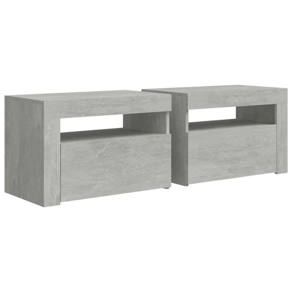 sengeborde med LED-lys 2 stk. 60x35x40 cm betongrå
